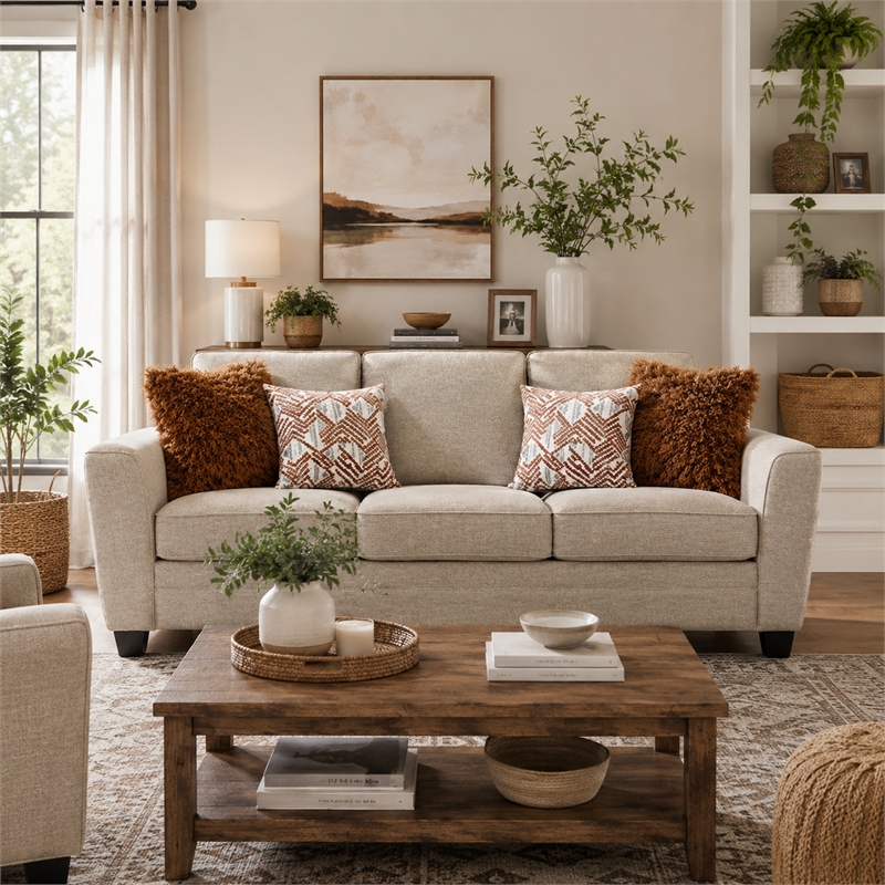 Eny Sofa with 4 Pillows- Taupe Brown Chenille- Black Legs- 84 Inch