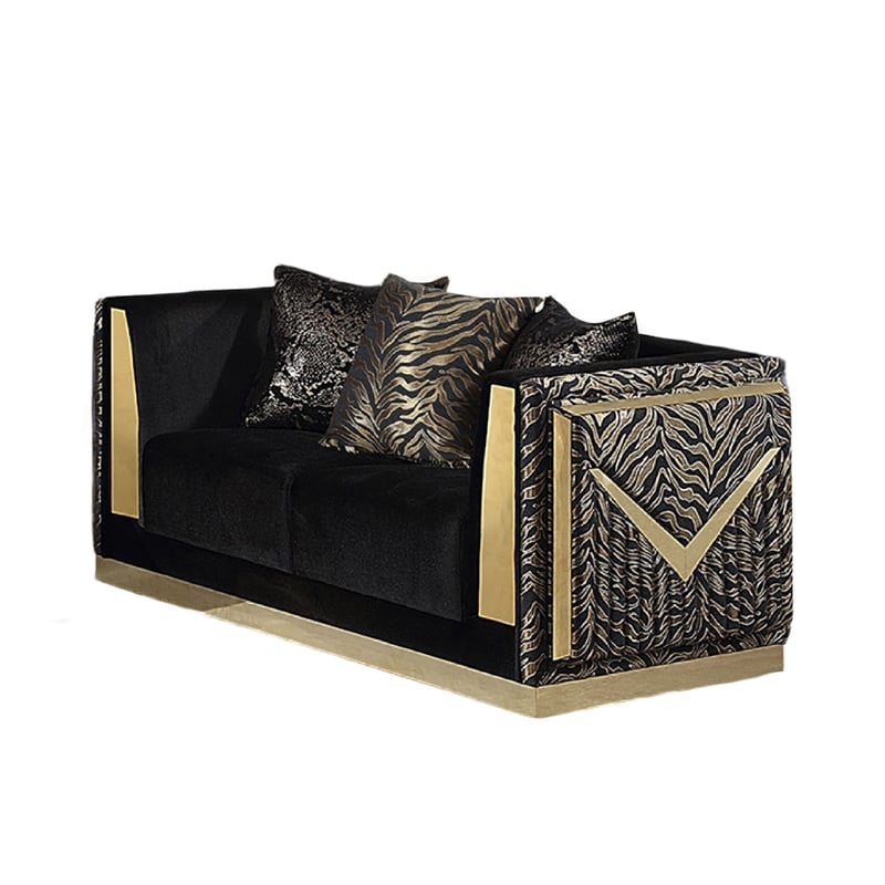 Dero Loveseat- 3 Pillows- Black Velvet- Gold Zebra Print Panels- 66 Inch