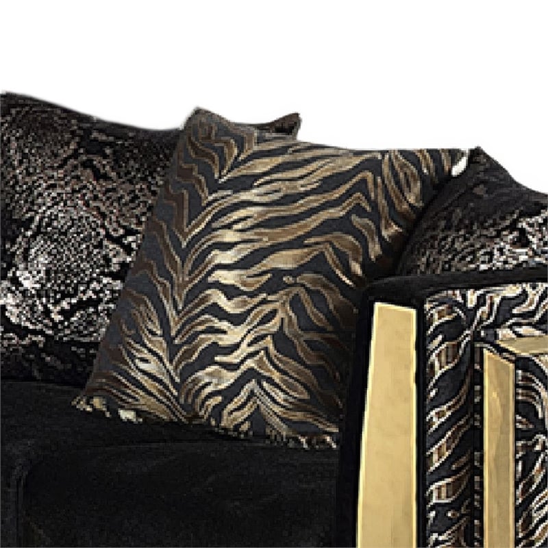 Dero Loveseat- 3 Pillows- Black Velvet- Gold Zebra Print Panels- 66 Inch