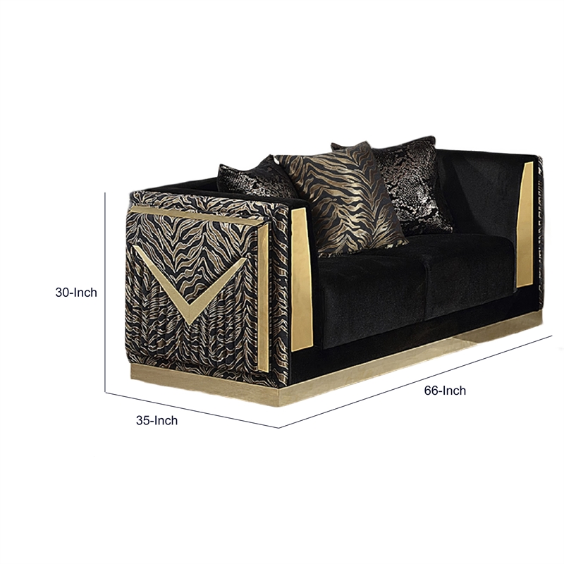 Dero Loveseat- 3 Pillows- Black Velvet- Gold Zebra Print Panels- 66 Inch