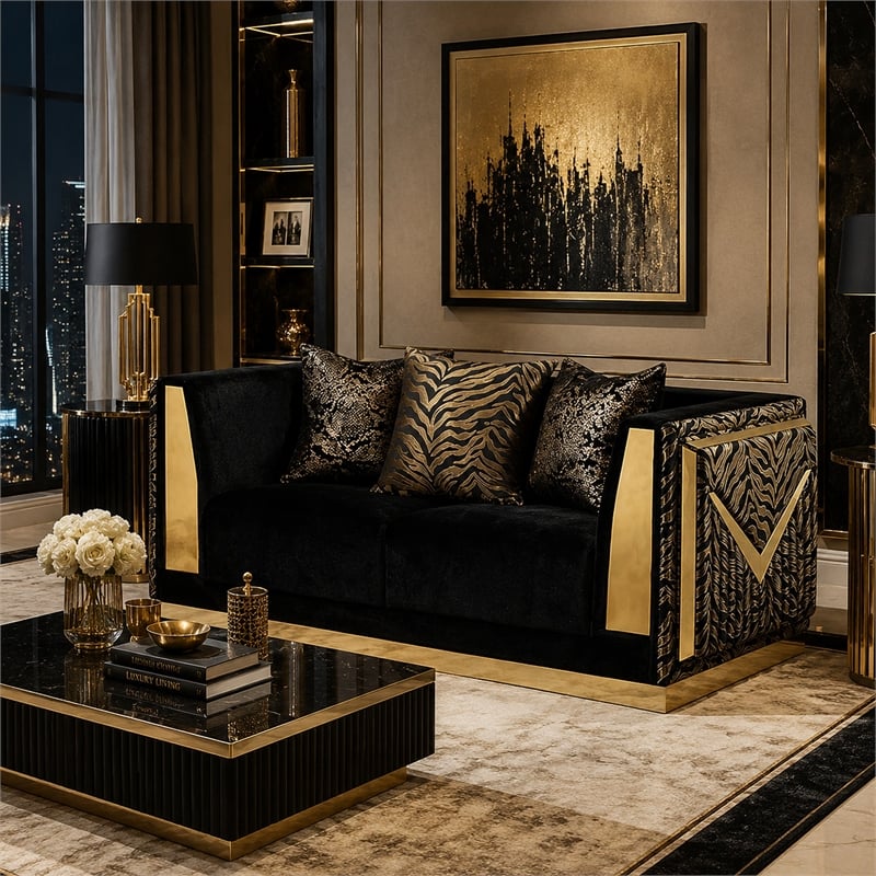 Dero Loveseat- 3 Pillows- Black Velvet- Gold Zebra Print Panels- 66 Inch