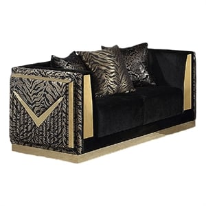 Dero Loveseat- 3 Pillows- Black Velvet- Gold Zebra Print Panels- 66 Inch