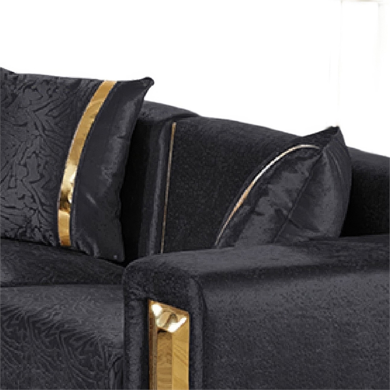Vysa Loveseat with 2 Pillows- Barrel Back- Gold Base- 68 Inch Black