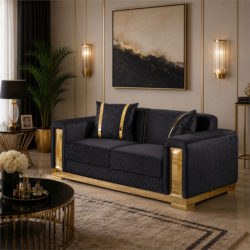 Vysa Loveseat with 2 Pillows- Barrel Back- Gold Base- 68 Inch Black