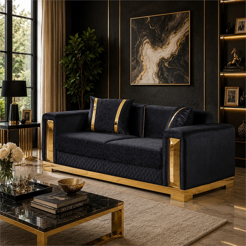 Vysa Loveseat with 2 Pillows- Barrel Back- Gold Base- 68 Inch Black