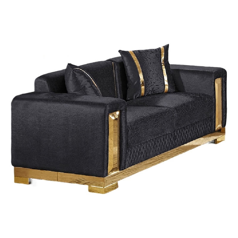 Vysa Loveseat with 2 Pillows- Barrel Back- Gold Base- 68 Inch Black