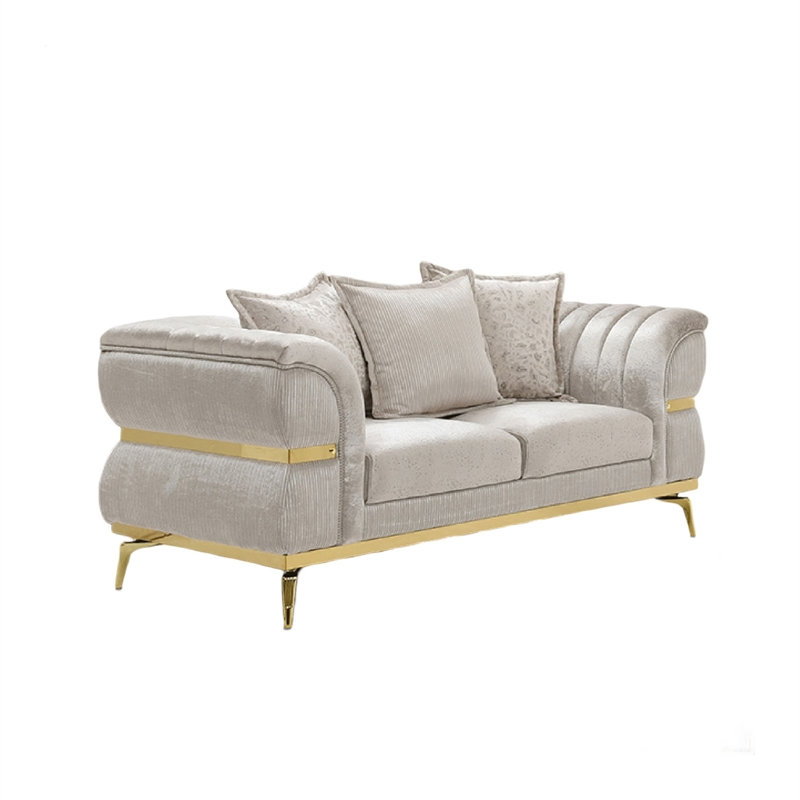 Jysa Loveseat- 3 Pillows- Gold Trim Flared Arms- Beige 68 Inch