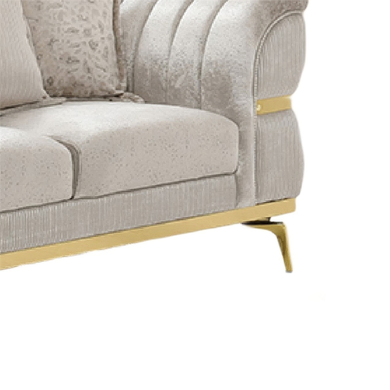 Jysa Loveseat- 3 Pillows- Gold Trim Flared Arms- Beige 68 Inch
