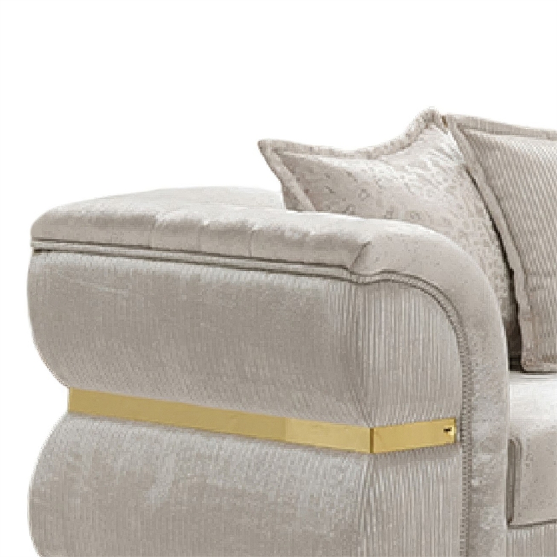 Jysa Loveseat- 3 Pillows- Gold Trim Flared Arms- Beige 68 Inch