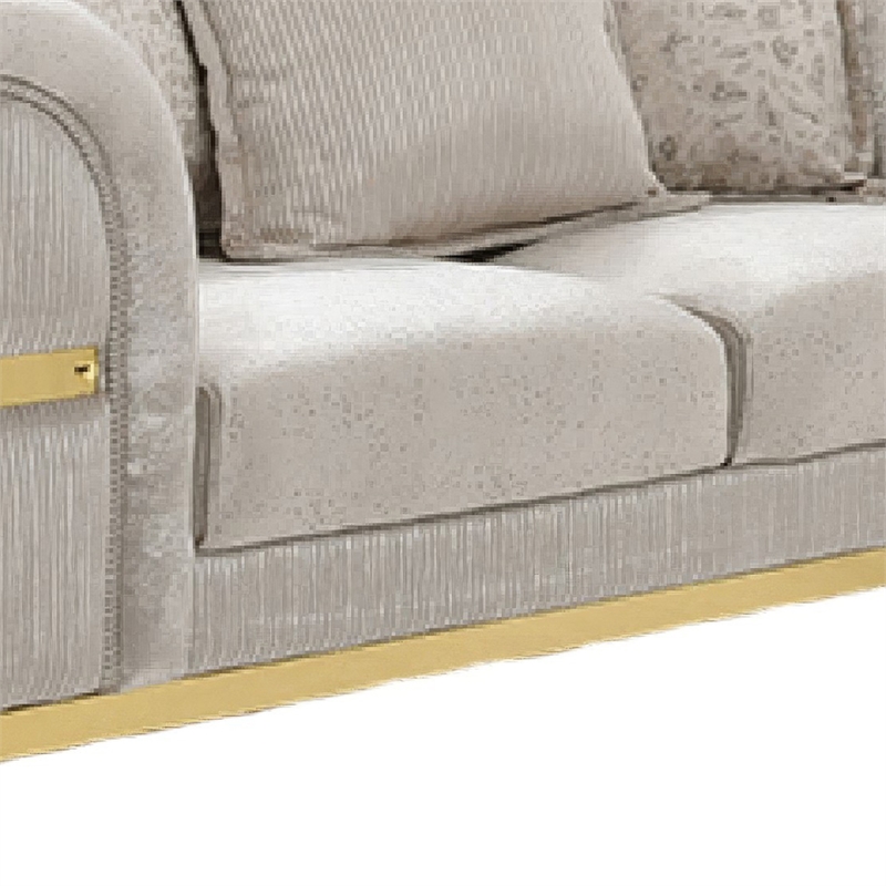 Jysa Loveseat- 3 Pillows- Gold Trim Flared Arms- Beige 68 Inch