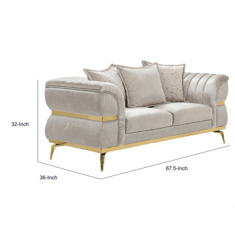 Jysa Loveseat- 3 Pillows- Gold Trim Flared Arms- Beige 68 Inch