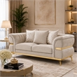 Jysa Loveseat- 3 Pillows- Gold Trim Flared Arms- Beige 68 Inch