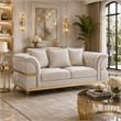Jysa Loveseat- 3 Pillows- Gold Trim Flared Arms- Beige 68 Inch