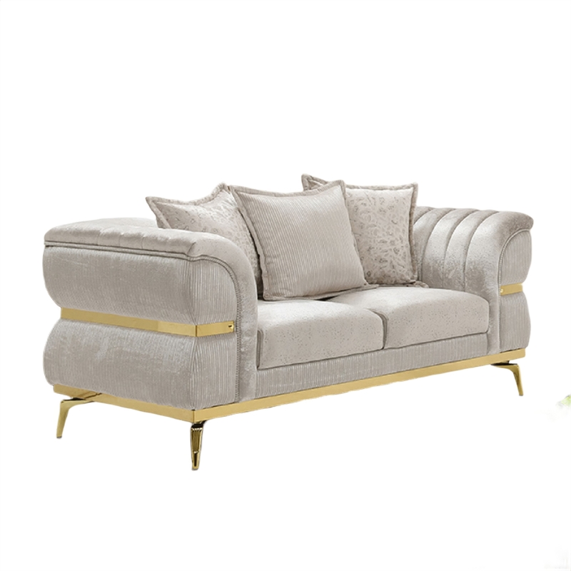 Jysa Loveseat- 3 Pillows- Gold Trim Flared Arms- Beige 68 Inch