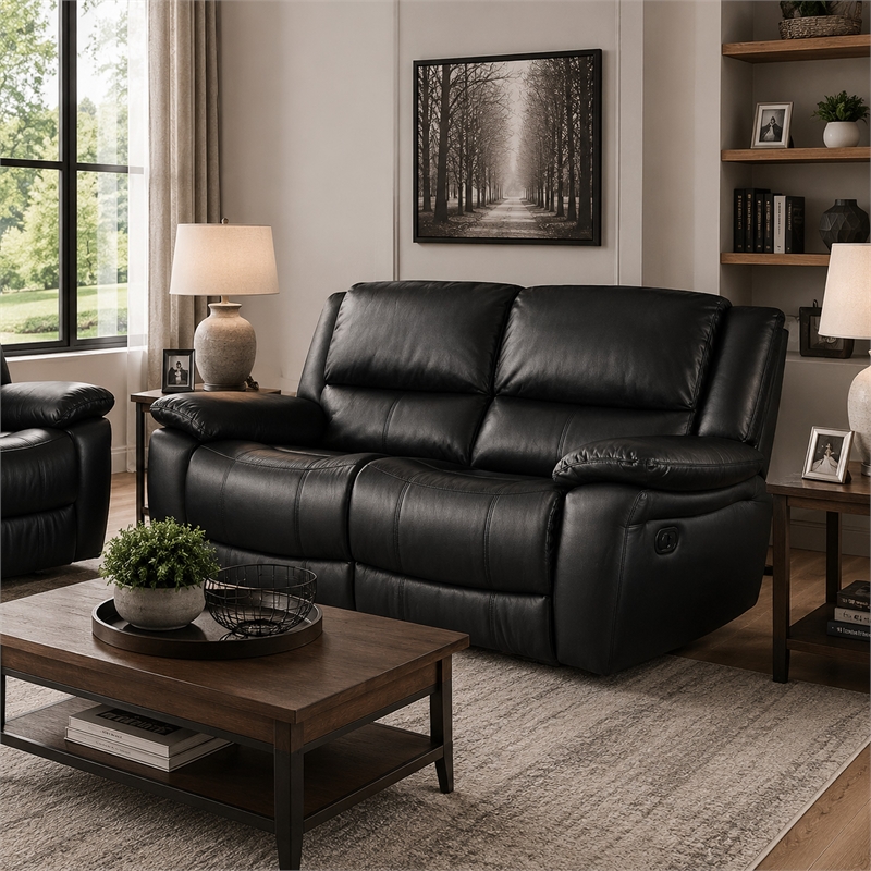 Larus Manual Motion Recliner Loveseat- Black Faux Leather 60 Inch