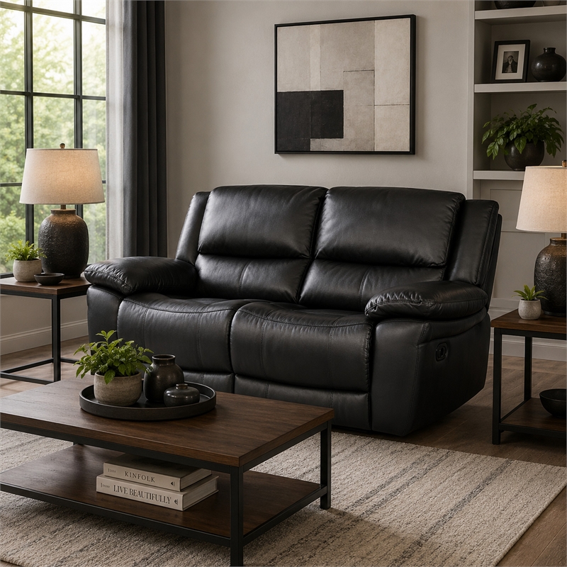 Larus Manual Motion Recliner Loveseat- Black Faux Leather 60 Inch