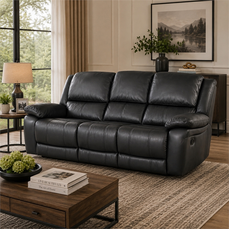 Larus Manual Motion Recliner Sofa- 3 Seater- Black Faux Leather 82 Inch