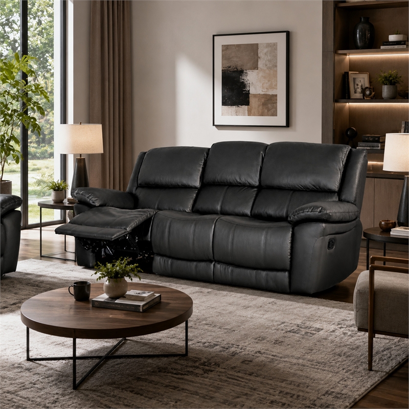 Larus Manual Motion Recliner Sofa- 3 Seater- Black Faux Leather 82 Inch