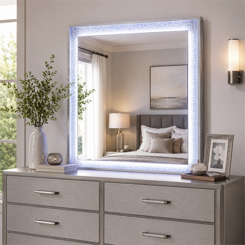 Soha Dresser Mirror- Rhinestone Trim w LED- High Gloss White 38x38