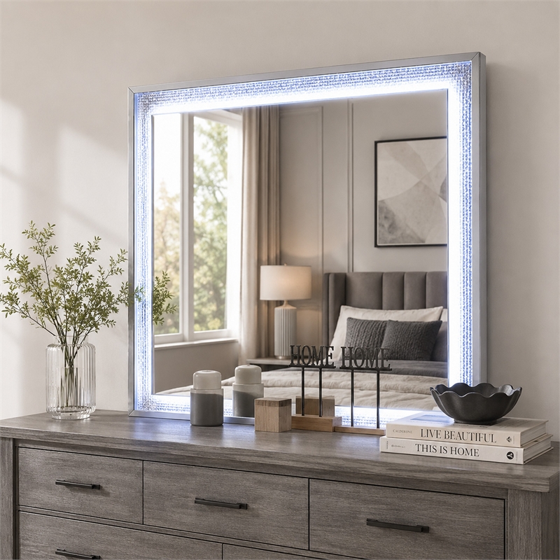 Soha Dresser Mirror- Rhinestone Trim w LED- High Gloss White 38x38