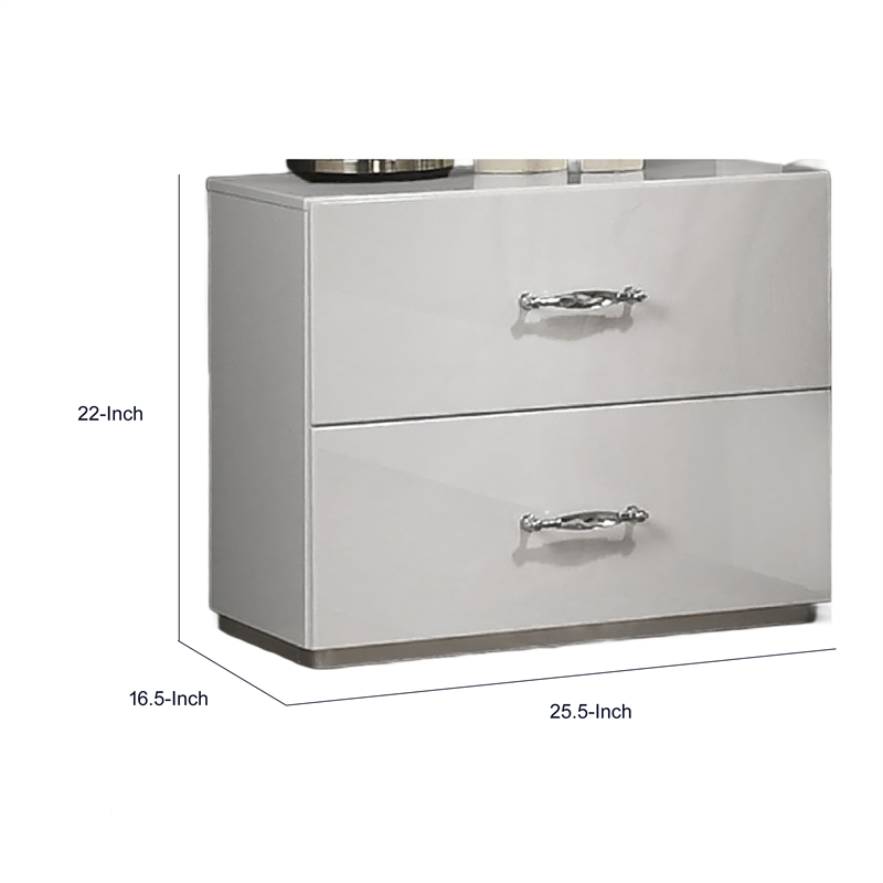 Soha Nightstand- 2 Drawers- Acrylic Chrome Handles- High Gloss White