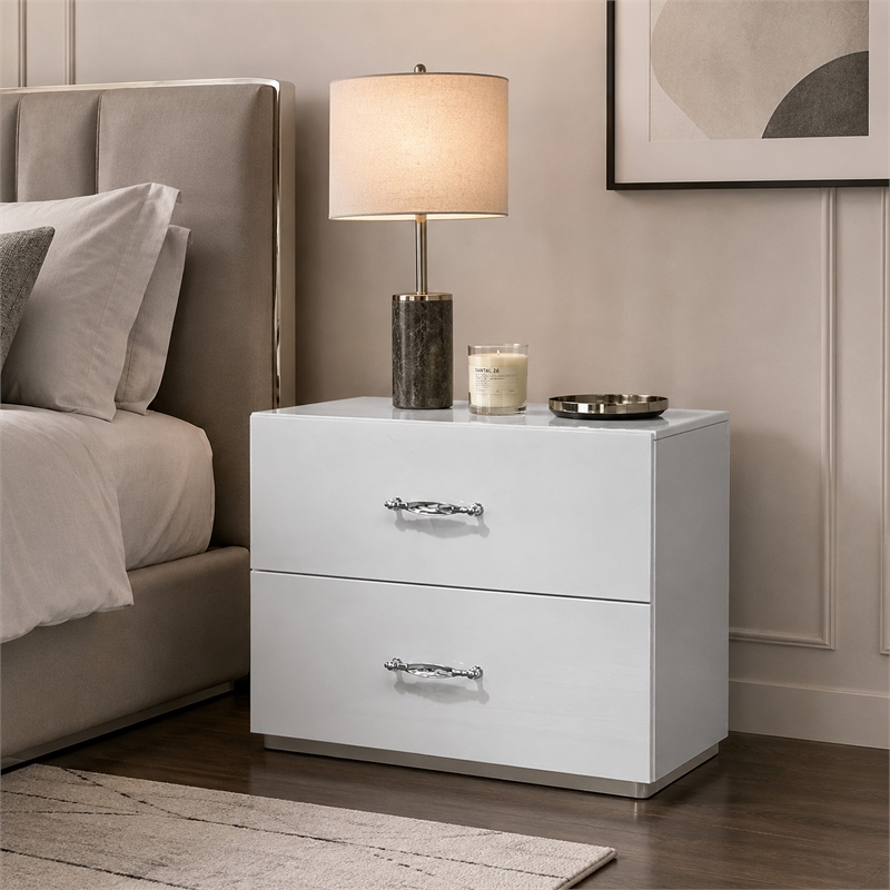 Soha Nightstand- 2 Drawers- Acrylic Chrome Handles- High Gloss White
