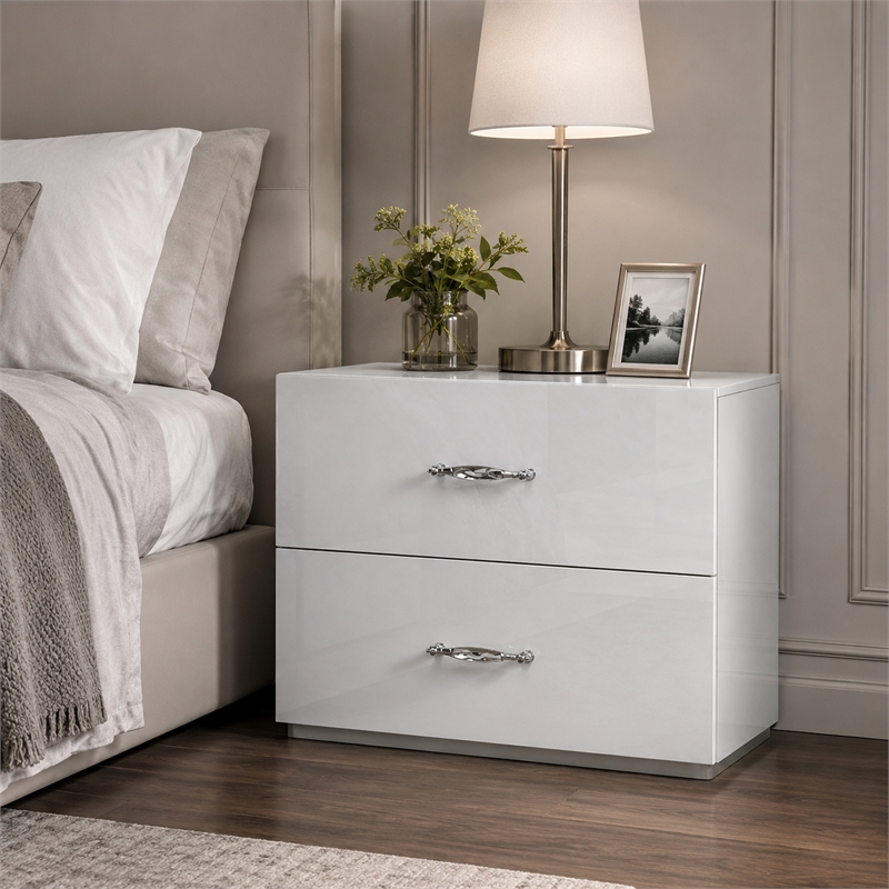 Soha Nightstand- 2 Drawers- Acrylic Chrome Handles- High Gloss White