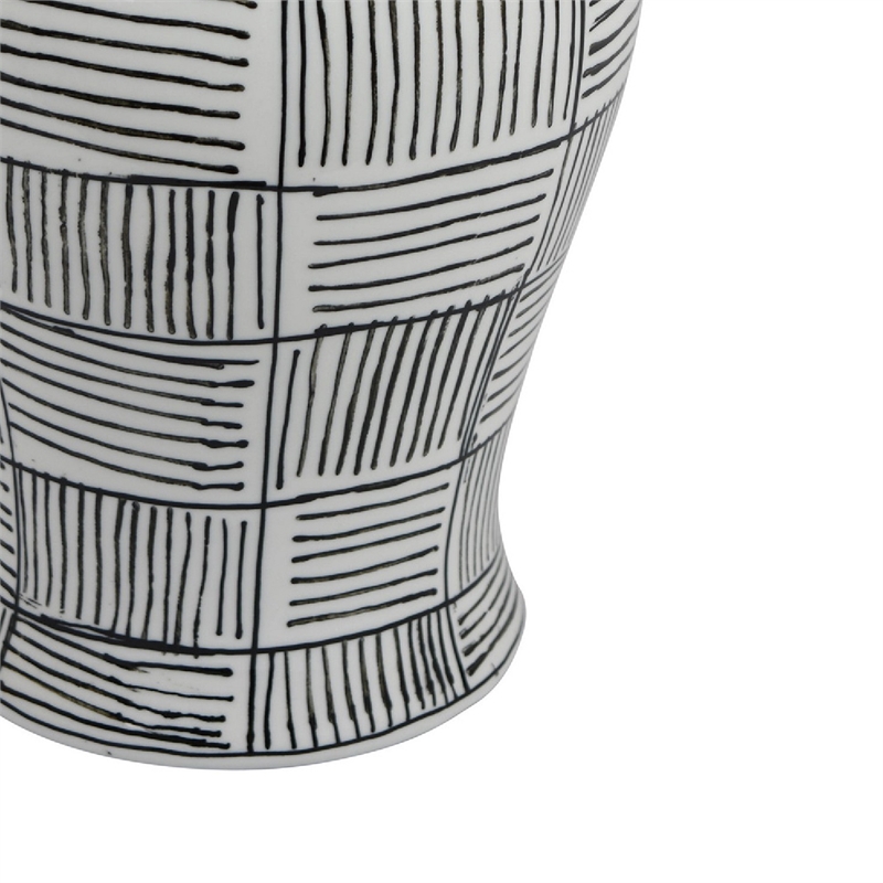 Loi Temple Jar with Lid- Black White Grid Pattern Ceramic- 17 Inch Decor