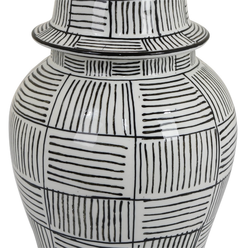 Loi Temple Jar with Lid- Black White Grid Pattern Ceramic- 17 Inch Decor