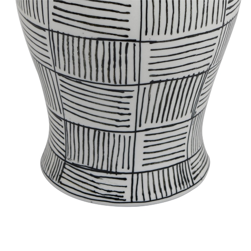 Loi Temple Jar with Lid- Black White Grid Pattern Ceramic- 17 Inch Decor