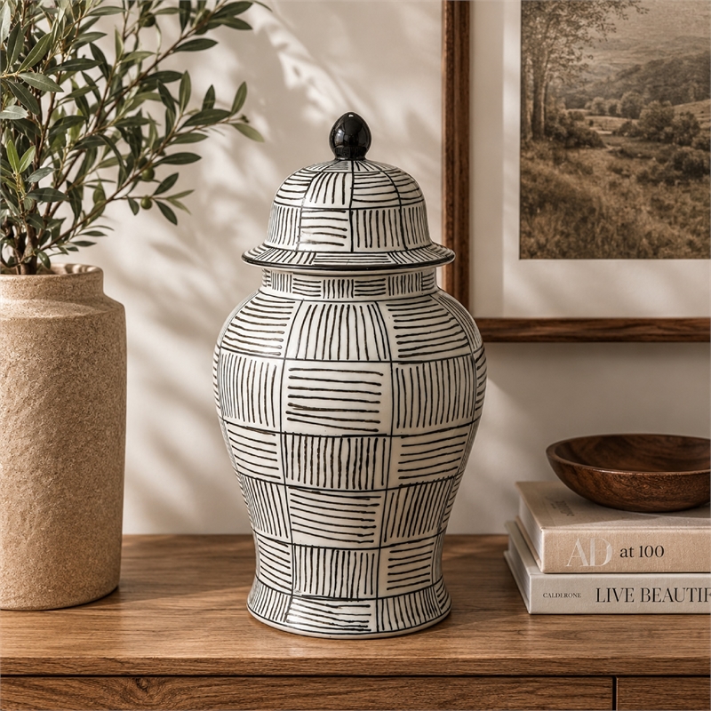 Loi Temple Jar with Lid- Black White Grid Pattern Ceramic- 17 Inch Decor