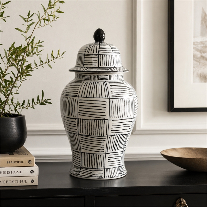 Loi Temple Jar with Lid- Black White Grid Pattern Ceramic- 17 Inch Decor