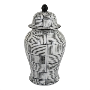 Loi Temple Jar with Lid- Black White Grid Pattern Ceramic- 17 Inch Decor