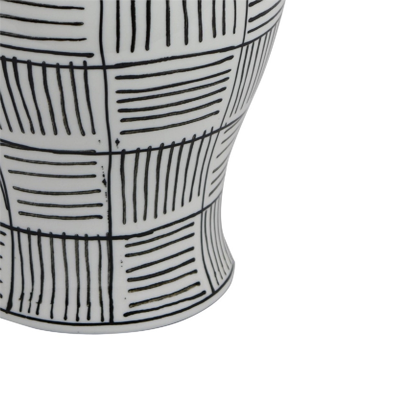 Loi Temple Jar with Lid- Black White Grid Pattern Ceramic- 13 Inch Decor