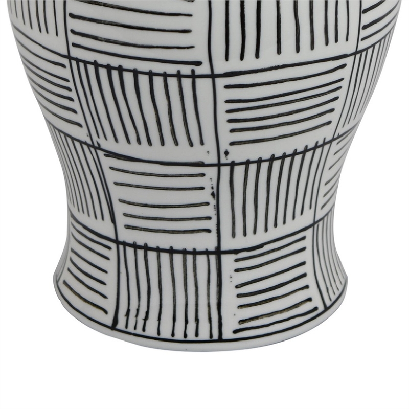Loi Temple Jar with Lid- Black White Grid Pattern Ceramic- 13 Inch Decor