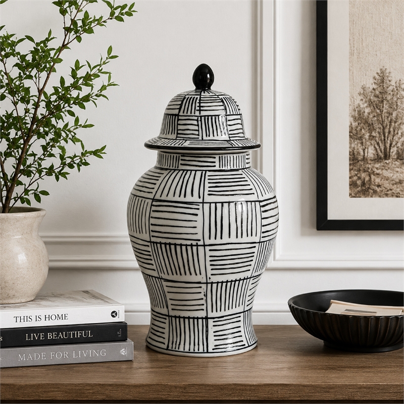 Loi Temple Jar with Lid- Black White Grid Pattern Ceramic- 13 Inch Decor