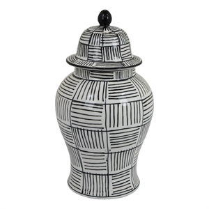 Loi Temple Jar with Lid- Black White Grid Pattern Ceramic- 13 Inch Decor