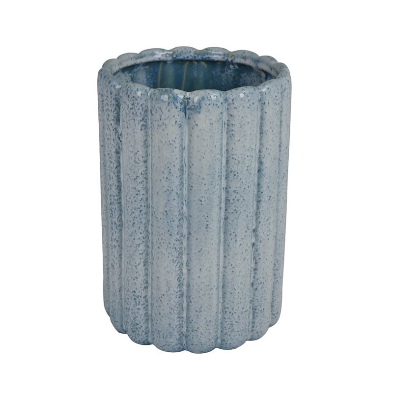 Scalloped Planter- Cylindrical Shape- Speckled Blue Ceramic 11 Inch