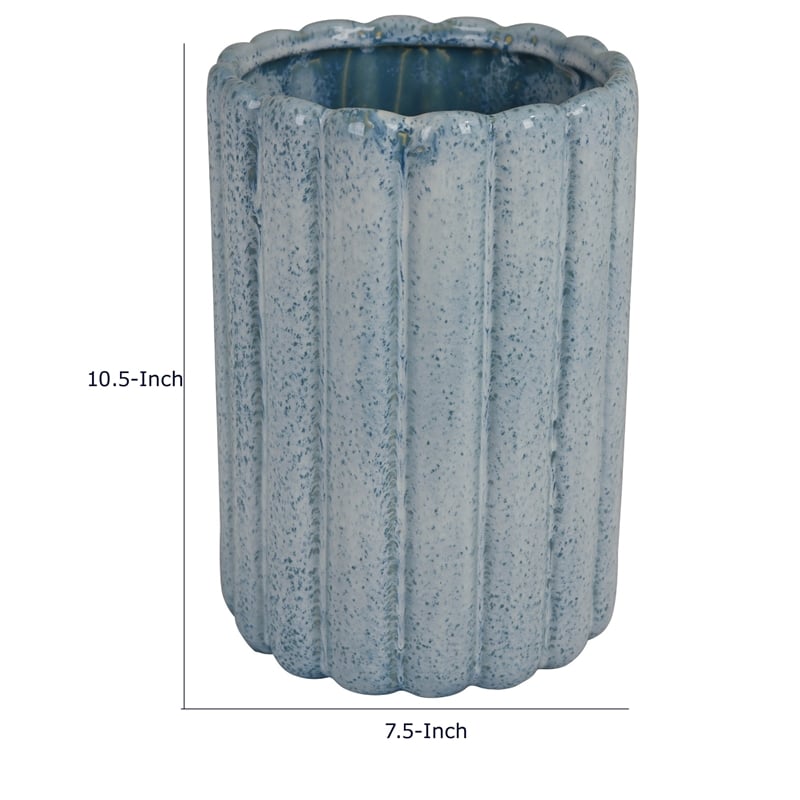 Scalloped Planter- Cylindrical Shape- Speckled Blue Ceramic 11 Inch