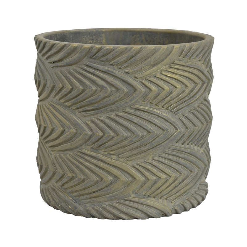 Cylindrical Planter- Raised Feather Motifs- Gray and Gold Terracotta 7 Inch