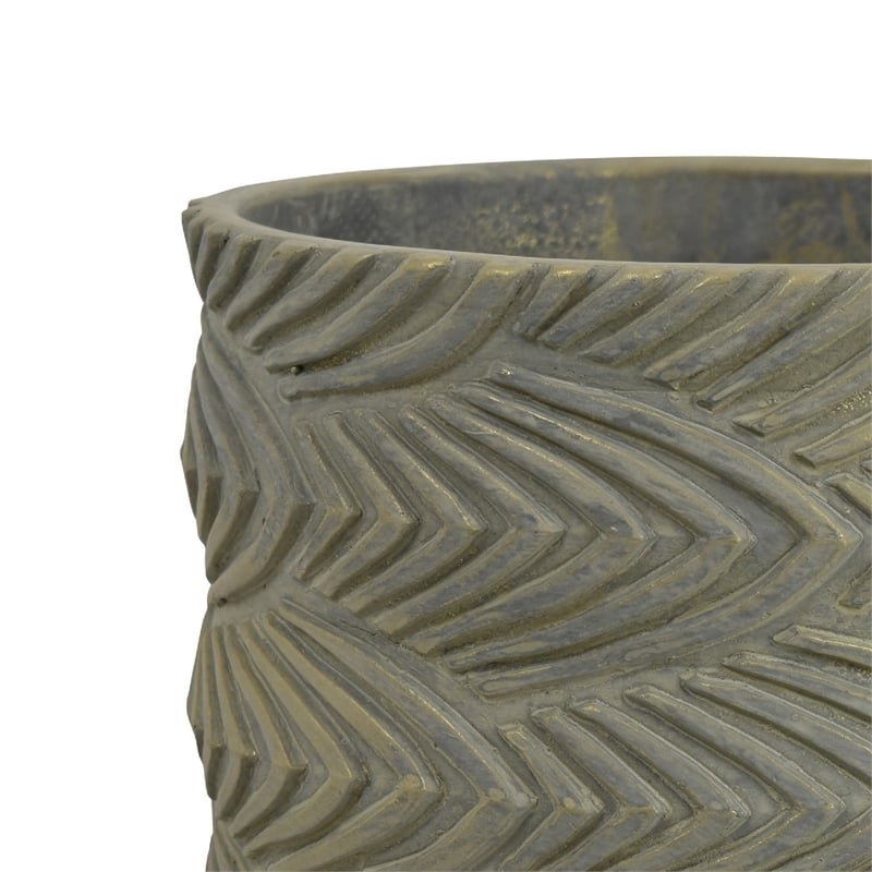 Cylindrical Planter- Raised Feather Motifs- Gray and Gold Terracotta 7 Inch