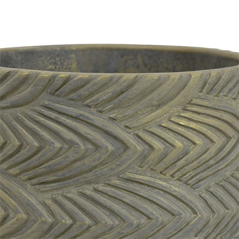 Cylindrical Planter- Raised Feather Motifs- Gray and Gold Terracotta 7 Inch