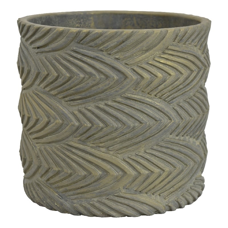 Cylindrical Planter- Raised Feather Motifs- Gray and Gold Terracotta 7 Inch