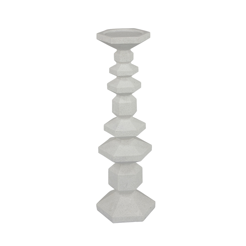 Tabletop Pillar Candle Stand- Stacked Geometric Shapes- White Resin 18 Inch