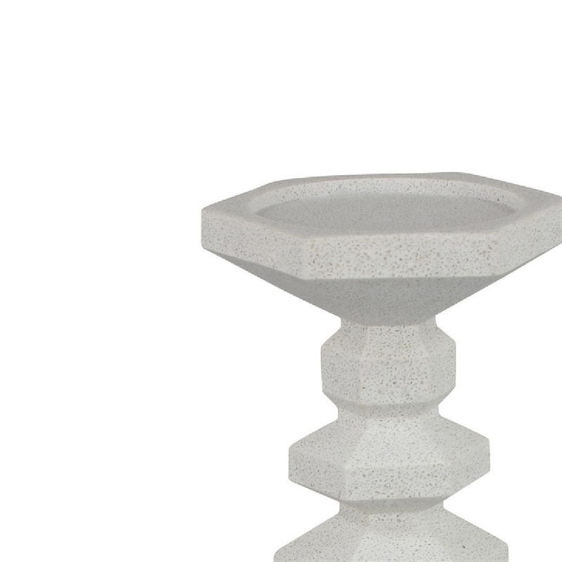 Tabletop Pillar Candle Stand- Stacked Geometric Shapes- White Resin 18 Inch