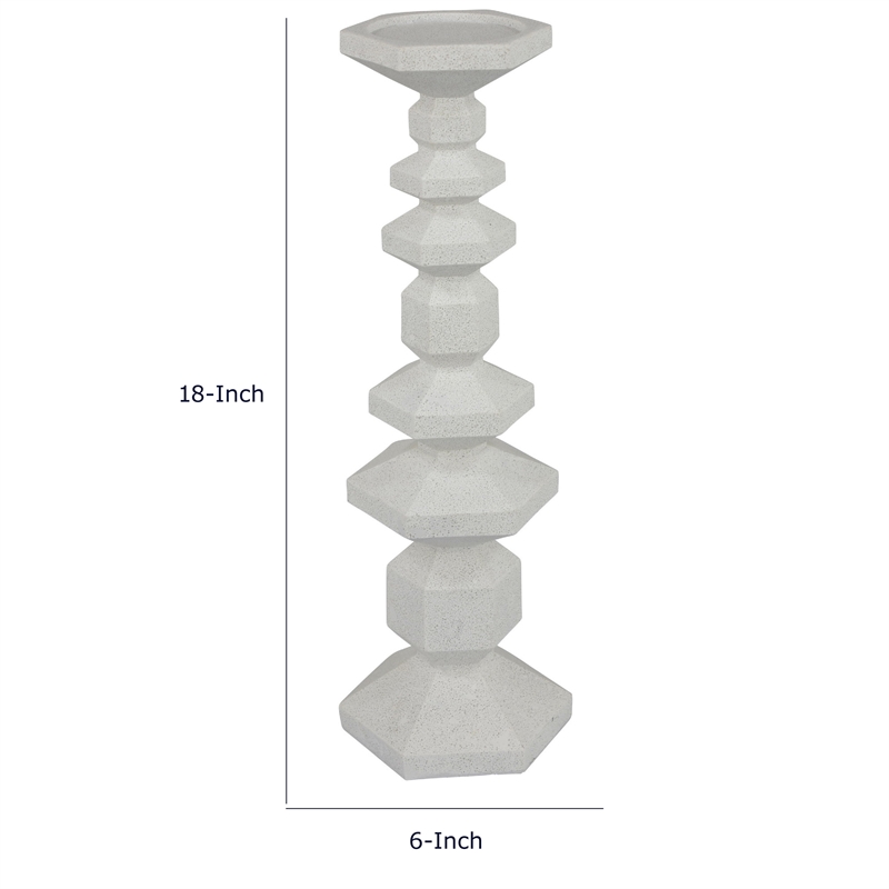 Tabletop Pillar Candle Stand- Stacked Geometric Shapes- White Resin 18 Inch
