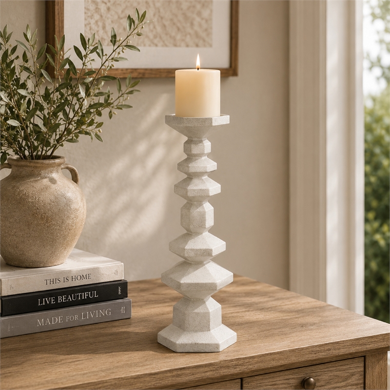 Tabletop Pillar Candle Stand- Stacked Geometric Shapes- White Resin 18 Inch