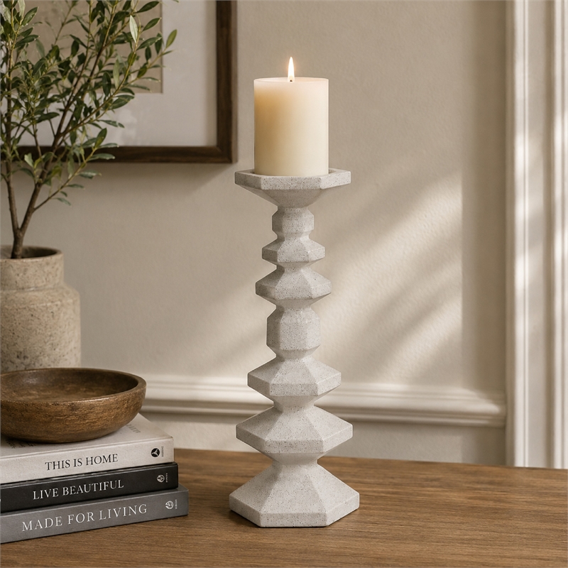 Tabletop Pillar Candle Stand- Stacked Geometric Shapes- White Resin 18 Inch