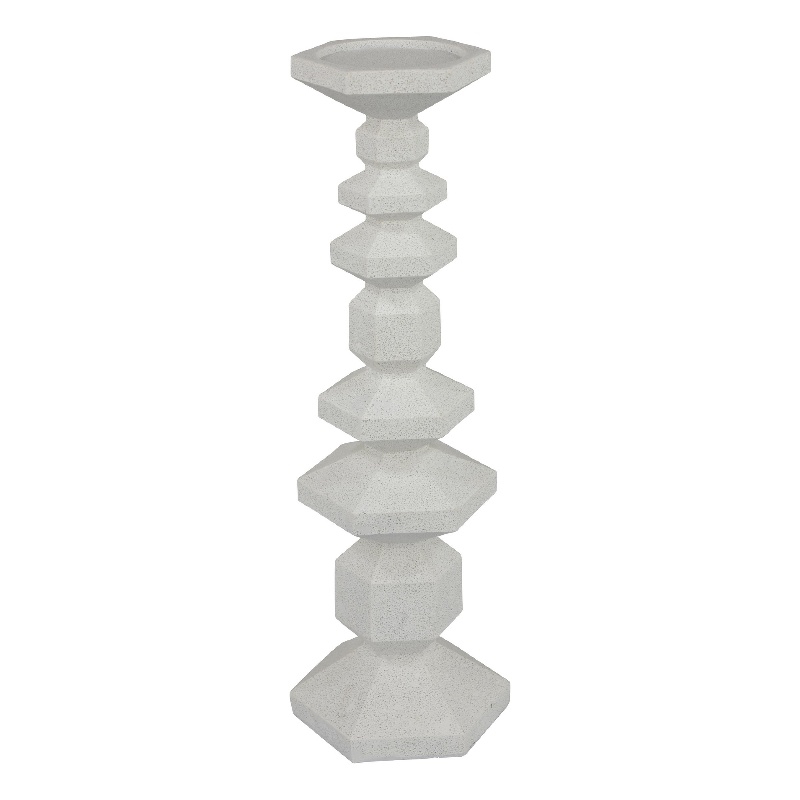 Tabletop Pillar Candle Stand- Stacked Geometric Shapes- White Resin 18 Inch