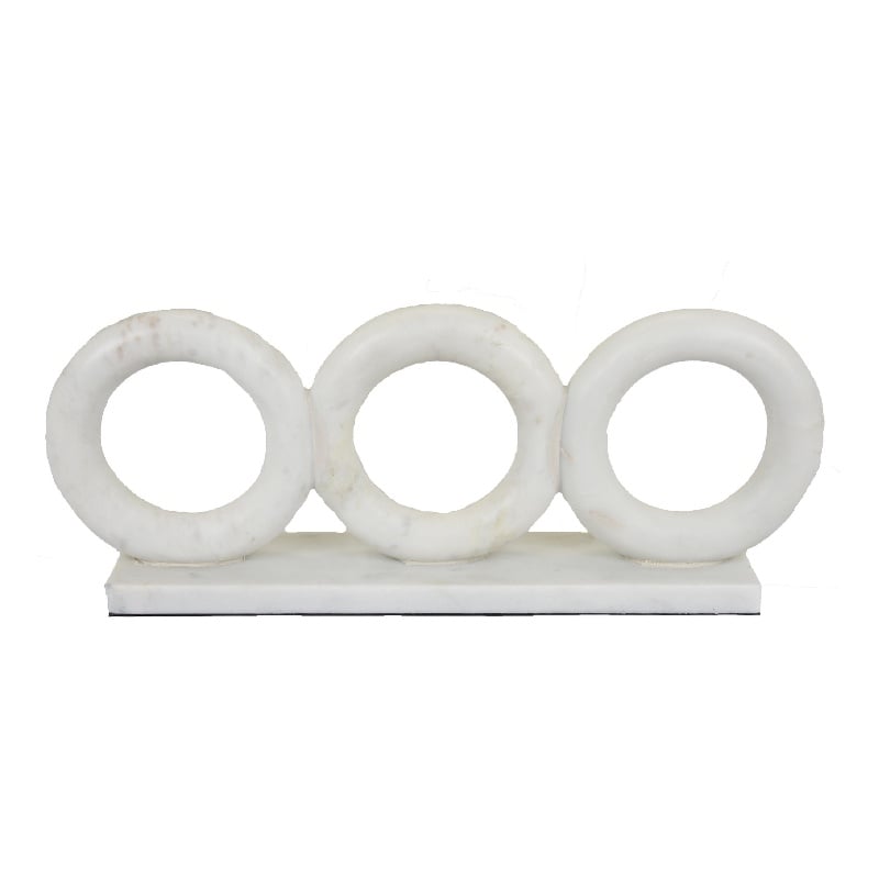 Hara Geometric Link Sculpture- 3 Circle Rings- White Marble 11 Inch